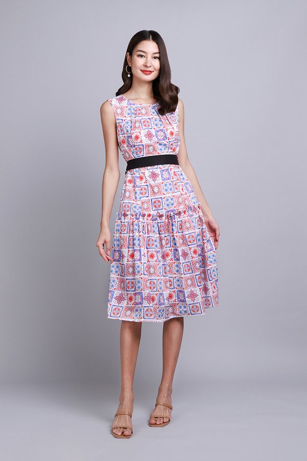 Azra Dress In Blue Red Prints