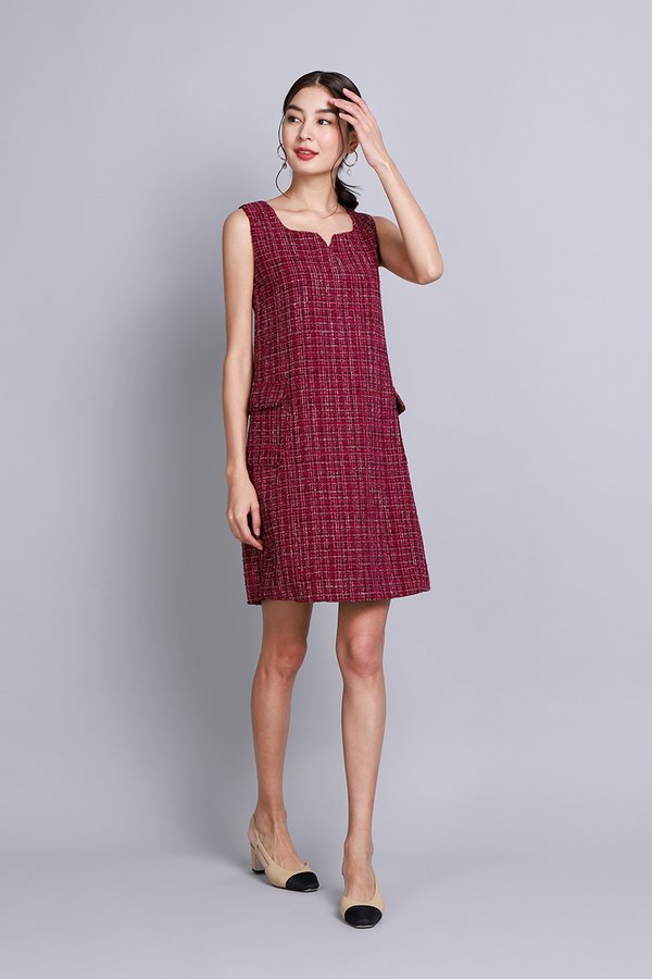 Valena Dress In Burgundy Tweed