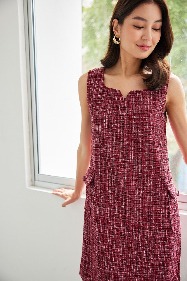 Valena Dress In Burgundy Tweed