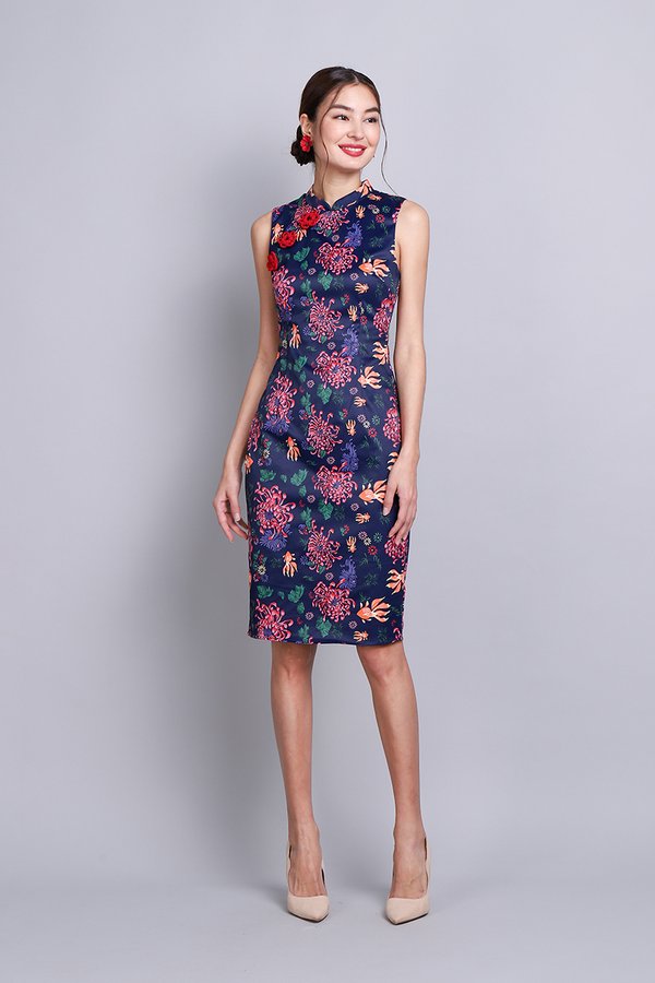 Oriental Blooms Cheongsam Dress In Blue Florals