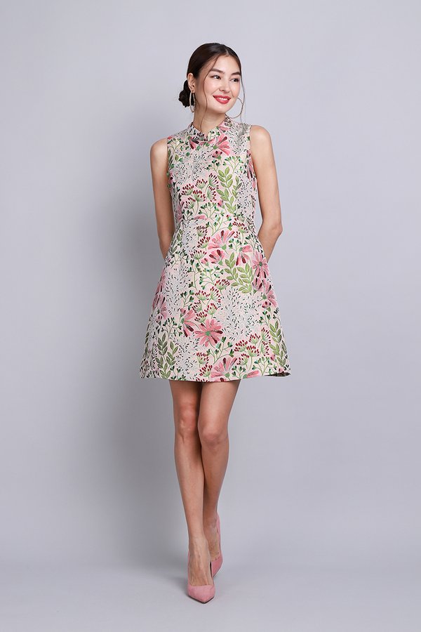 Spring Floret Cheongsam Dress In Pink Blossoms