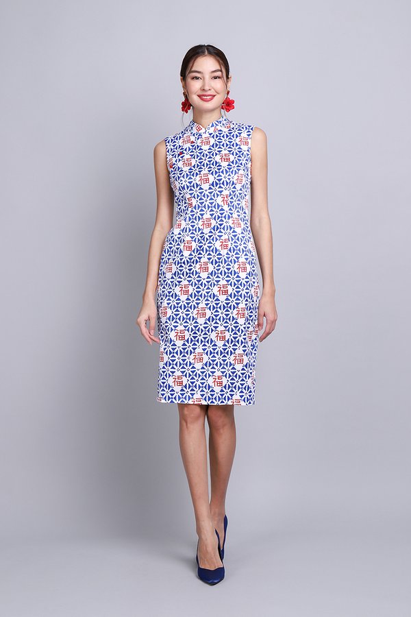 Always Blessed Cheongsam Dress In Blue Prints