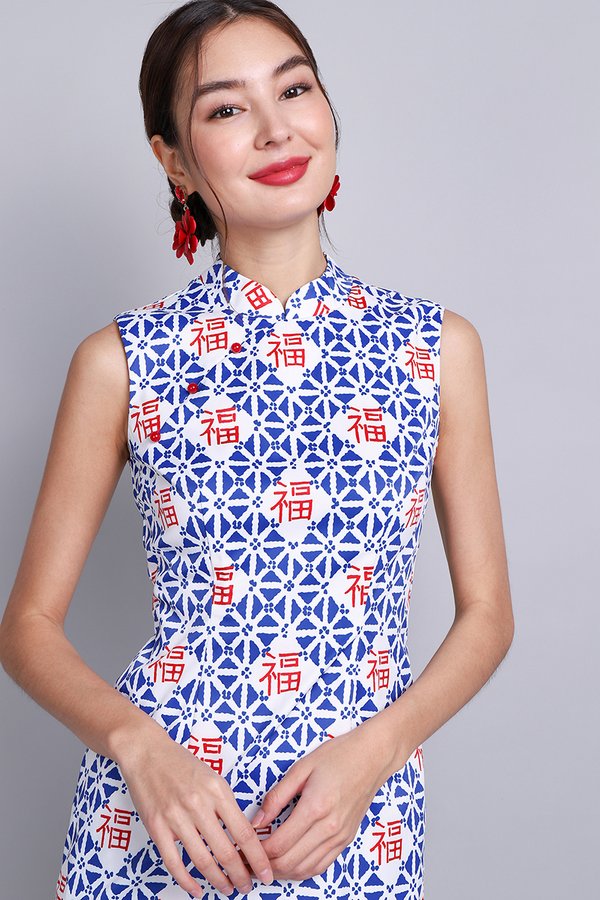 Always Blessed Cheongsam Dress In Blue Prints