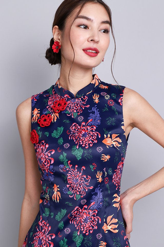 Oriental Blooms Cheongsam Dress In Blue Florals