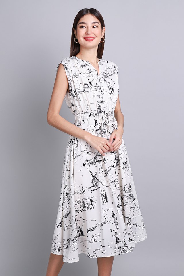 Whitley Dress In White Prints