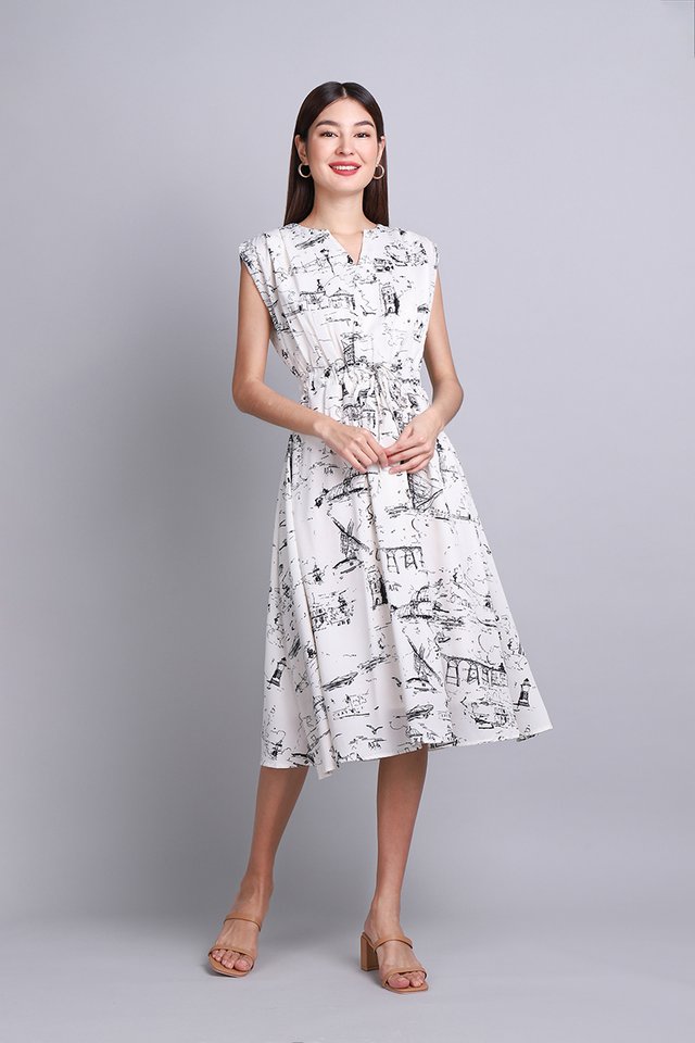 Whitley Dress In White Prints