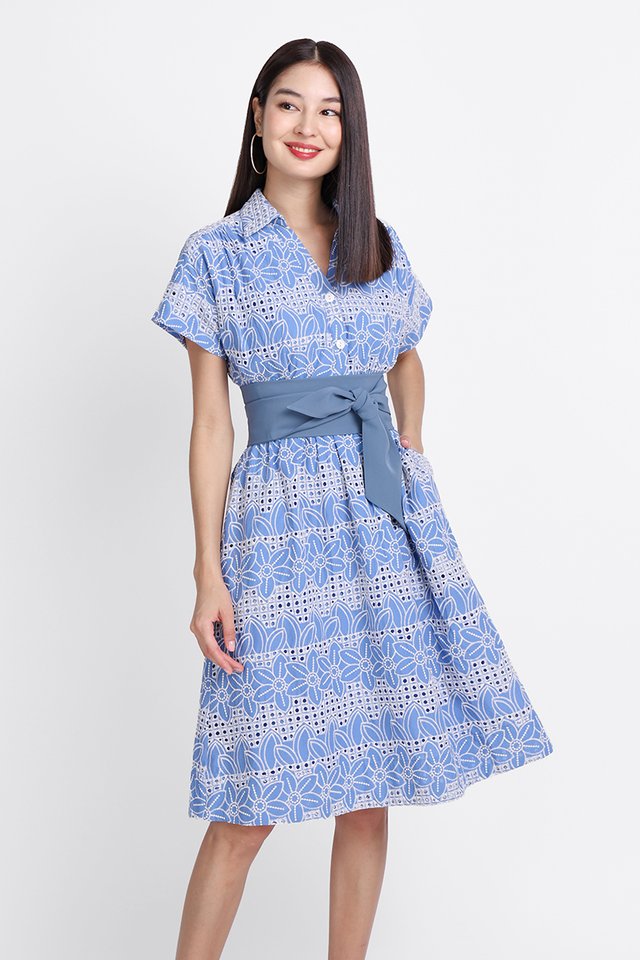 Fawne Dress In Muted Blue Embroidery