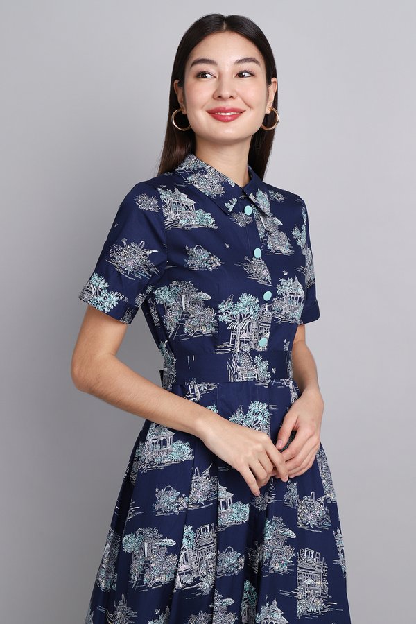 Michel Dress In Blue Landscape Prints