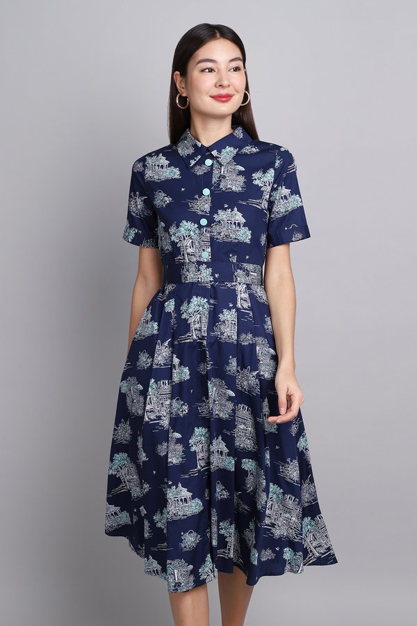 Michel Dress In Blue Landscape Prints
