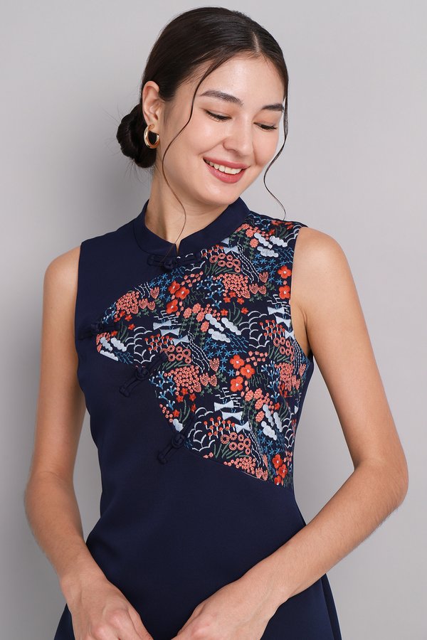 Oriental Tapestry Cheongsam Dress In Navy Blue