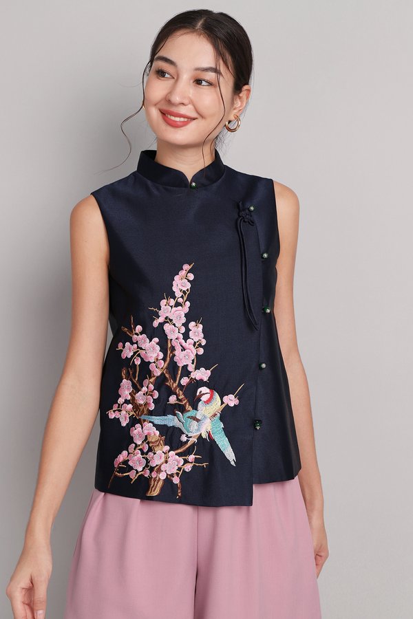 Song Of Spring Cheongsam Top In Navy Blue