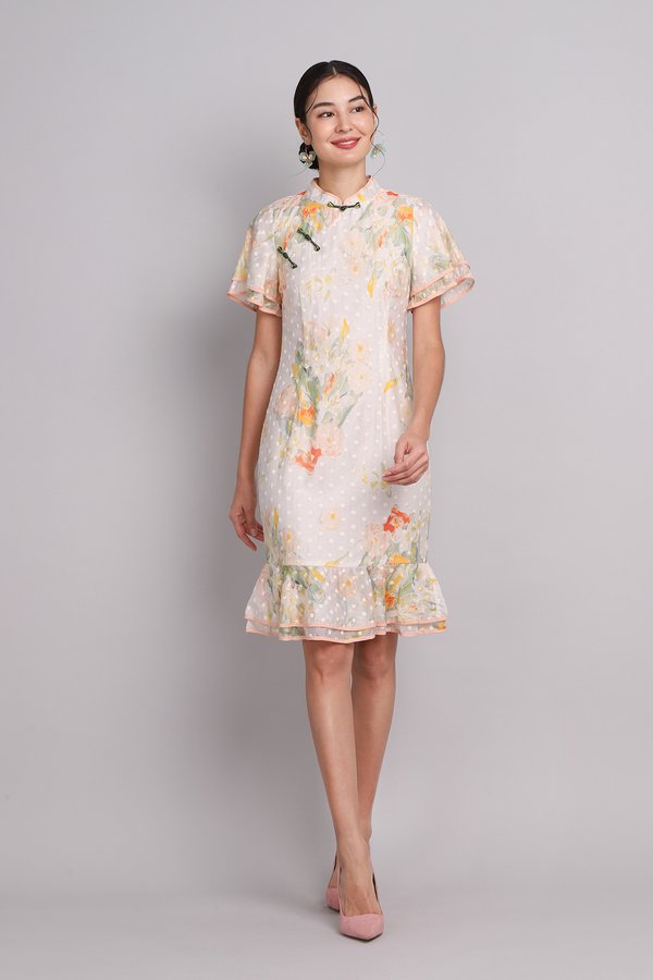 Blooms Of Fortune Cheongsam Dress In Apricot Florals