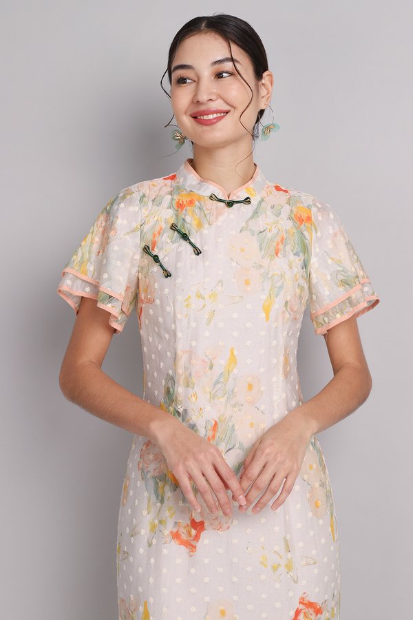 Blooms Of Fortune Cheongsam Dress In Apricot Florals