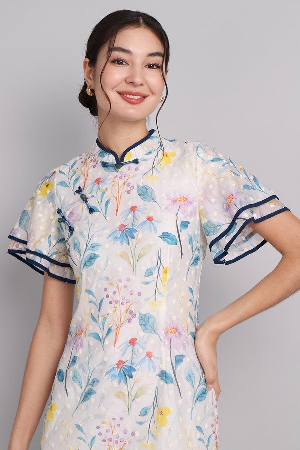 Blooms Of Fortune Cheongsam Dress In Blue Florals