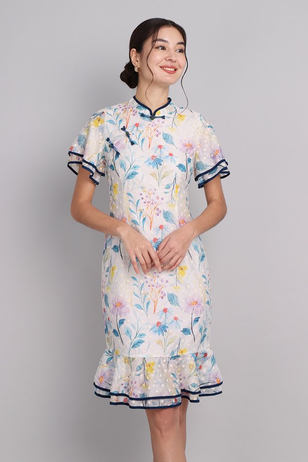 Blooms Of Fortune Cheongsam Dress In Blue Florals