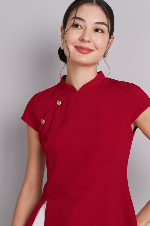 Roaring Good Times Cheongsam Top In Deep Red