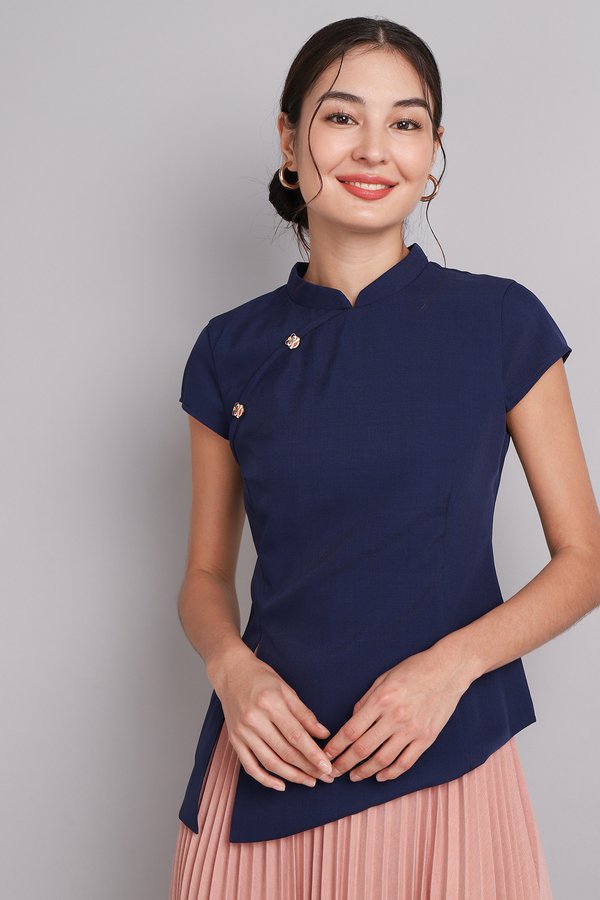Roaring Good Times Cheongsam Top In Navy Blue