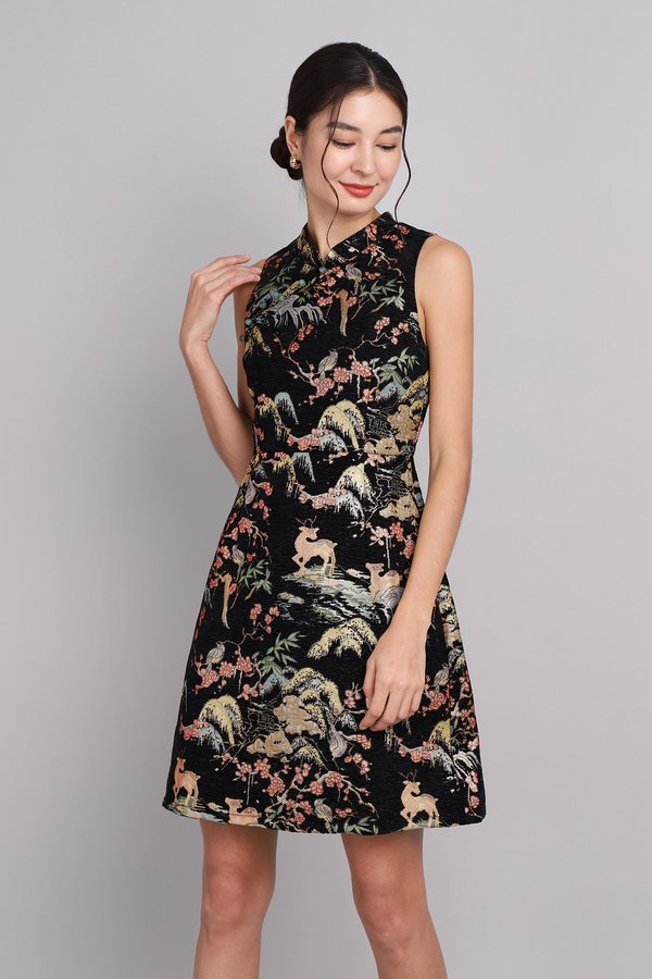 Spring Floret Cheongsam Dress In Black Deer Prints