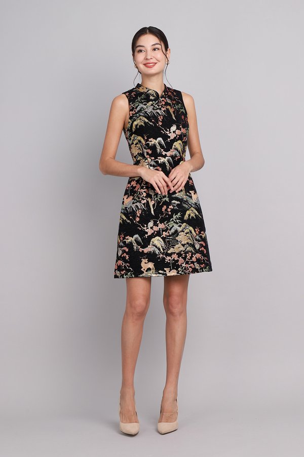 Spring Floret Cheongsam Dress In Black Deer Prints