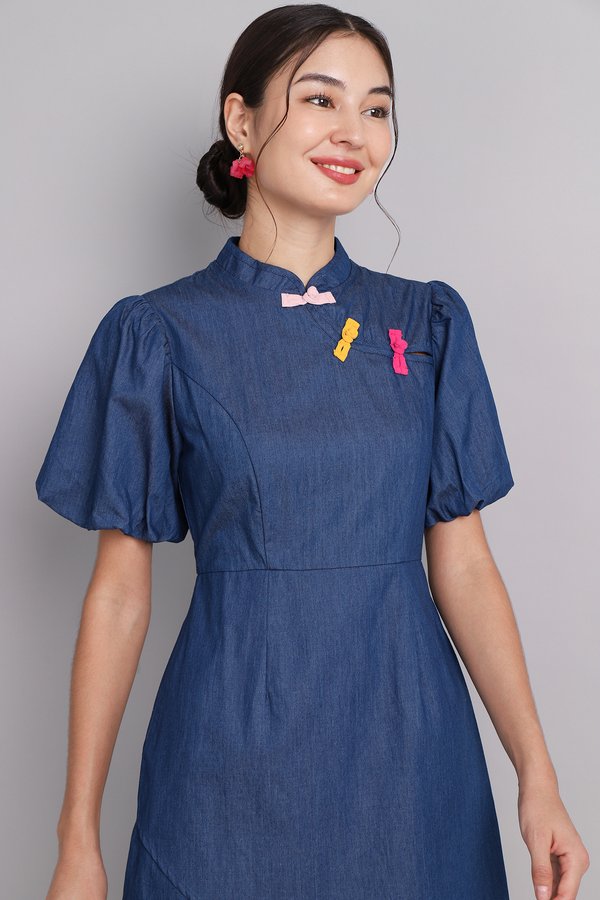 Spring Hues Cheongsam Dress In Denim Blue