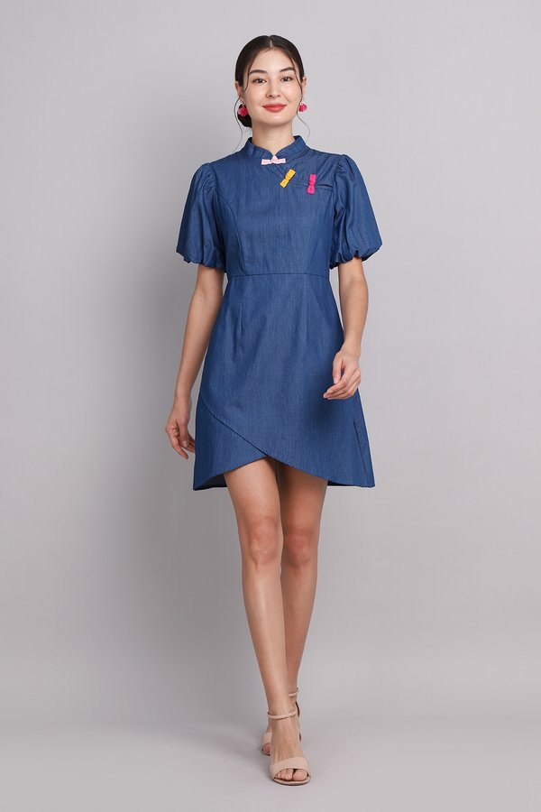 Spring Hues Cheongsam Dress In Denim Blue