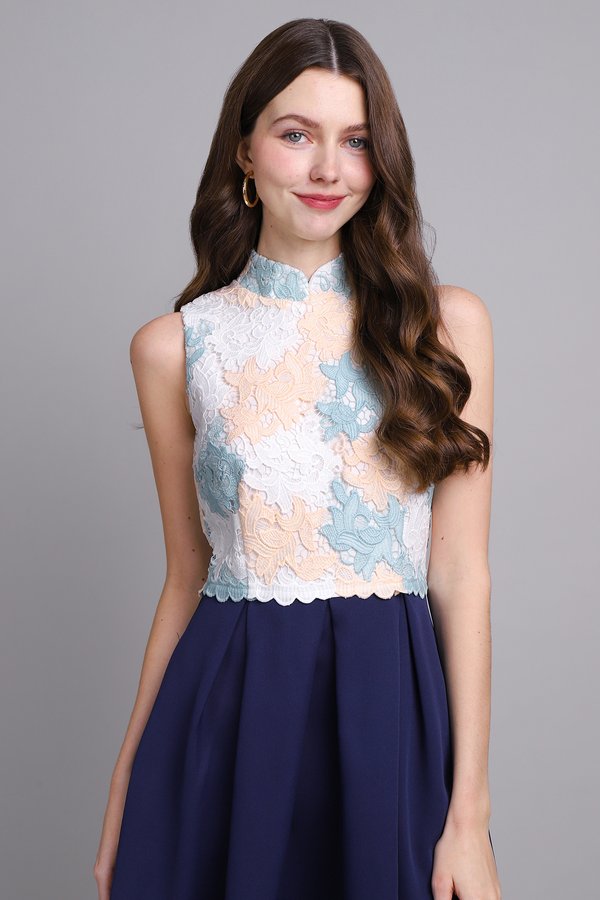 Blooming Pretty Cheongsam Dress In Navy Blue