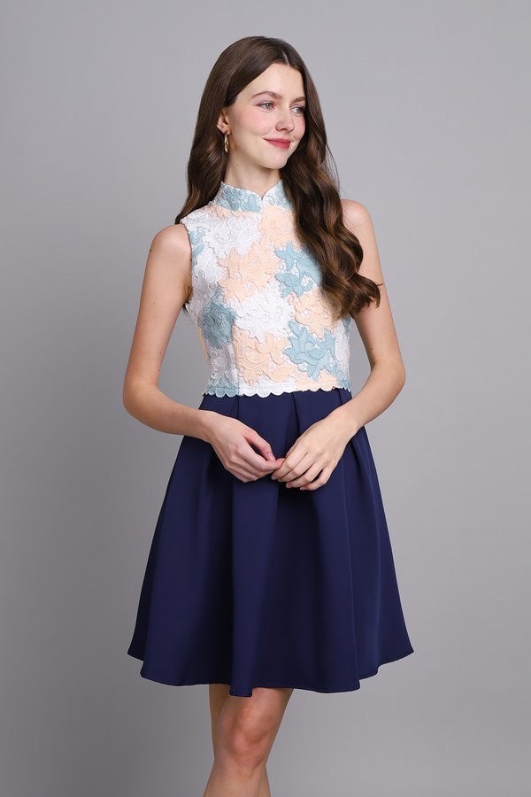 Blooming Pretty Cheongsam Dress In Navy Blue