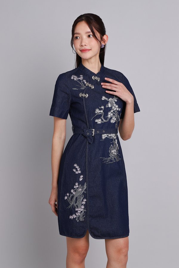 Pines Of Blessings Cheongsam Dress In Dark Wash