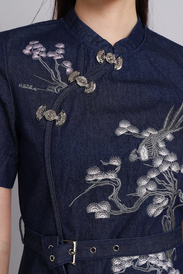 Pines Of Blessings Cheongsam Dress In Dark Wash