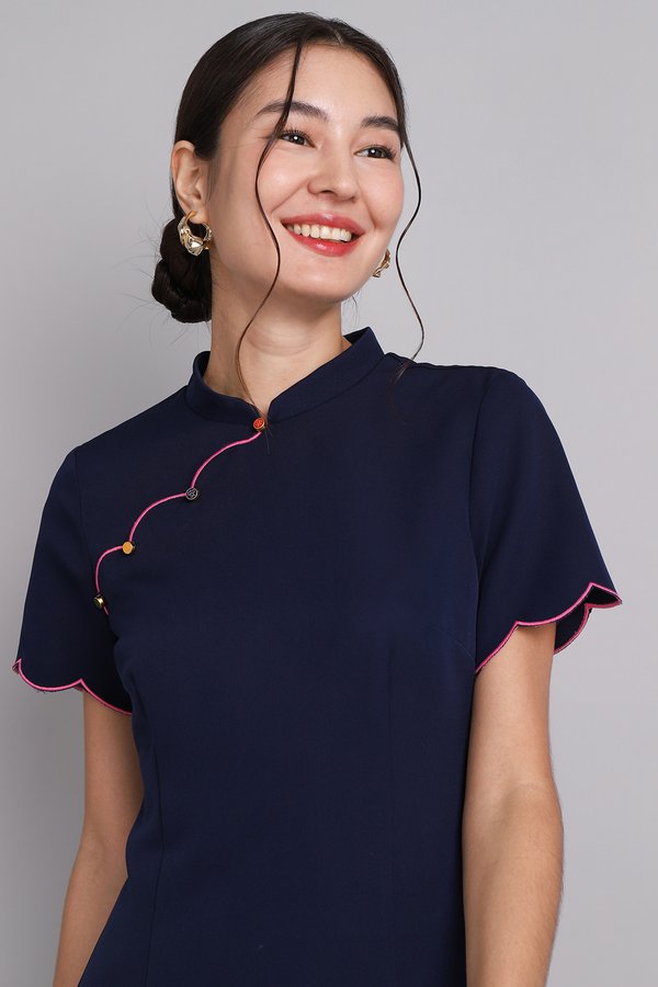 Making Waves Cheongsam Dress In Navy Blue