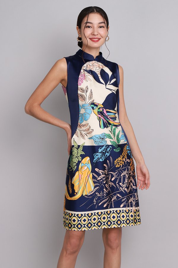 Prosperity Beckons Cheongsam Dress In Blue Prints
