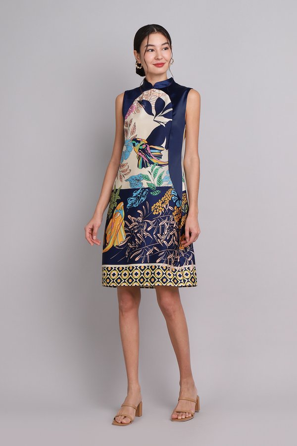 Prosperity Beckons Cheongsam Dress In Blue Prints