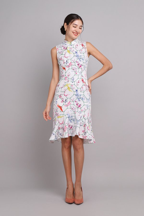 Spring Serenity Cheongsam Dress In White Prints