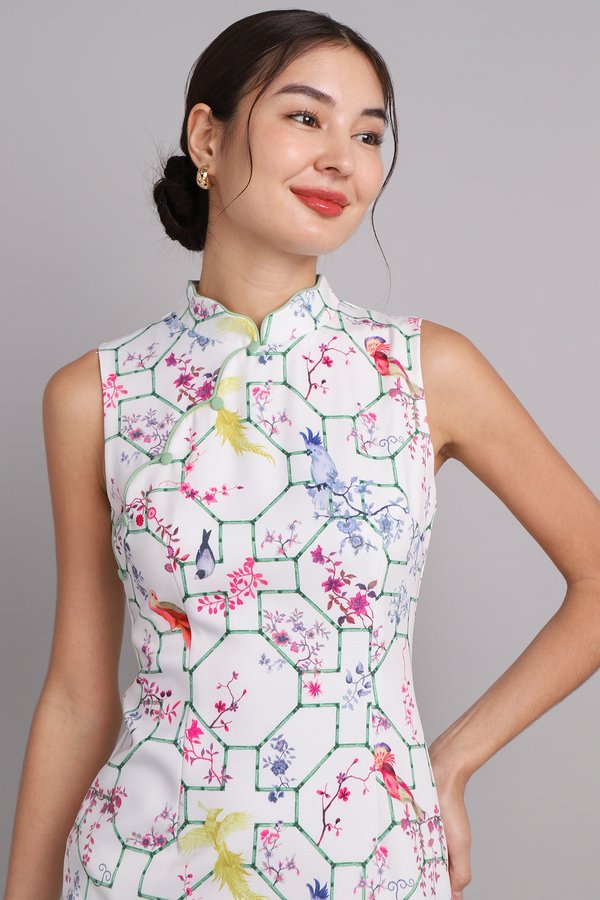 Spring Serenity Cheongsam Dress In White Prints