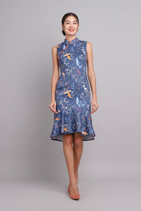 Spring Serenity Cheongsam Dress In Muted Blue Prints