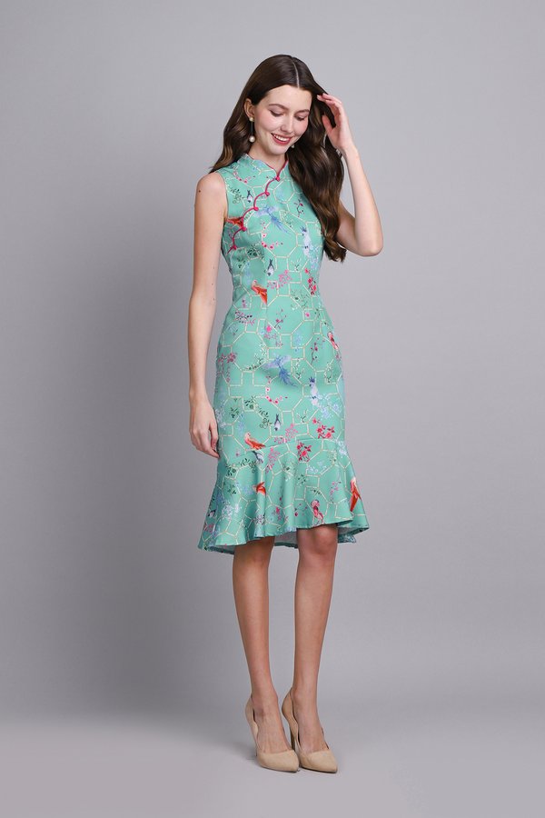 Spring Serenity Cheongsam Dress In Turquoise Prints