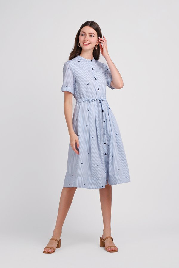 [Backorder] Autumn Dress In Blue Bow Stripes