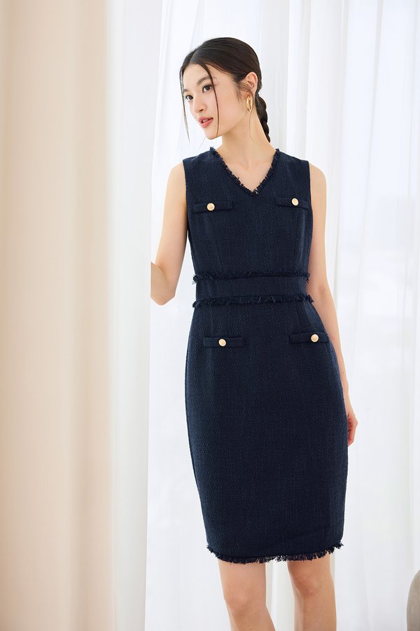 Erika Dress In Navy Tweed