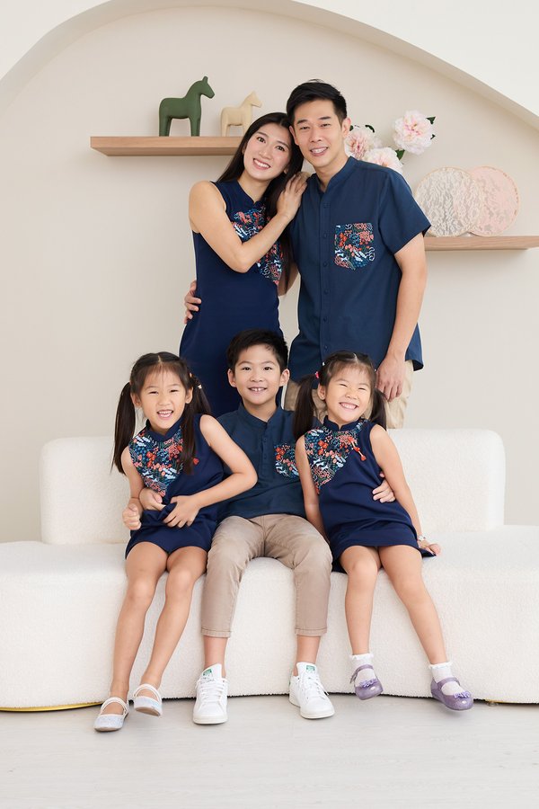 Oriental Tapestry Cheongsam Dress In Navy Blue