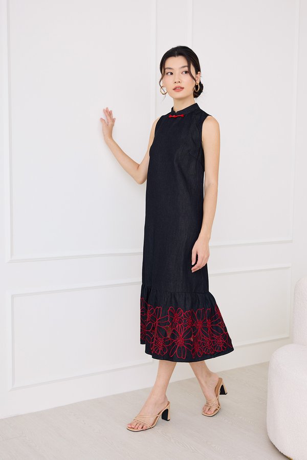 Festive Fire Cheongsam Dress In Black Denim
