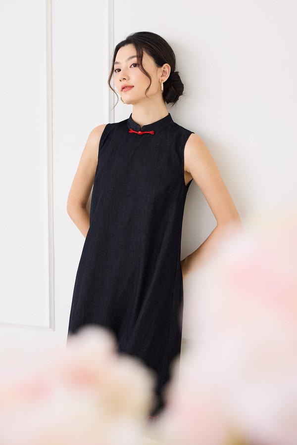 Festive Fire Cheongsam Dress In Black Denim