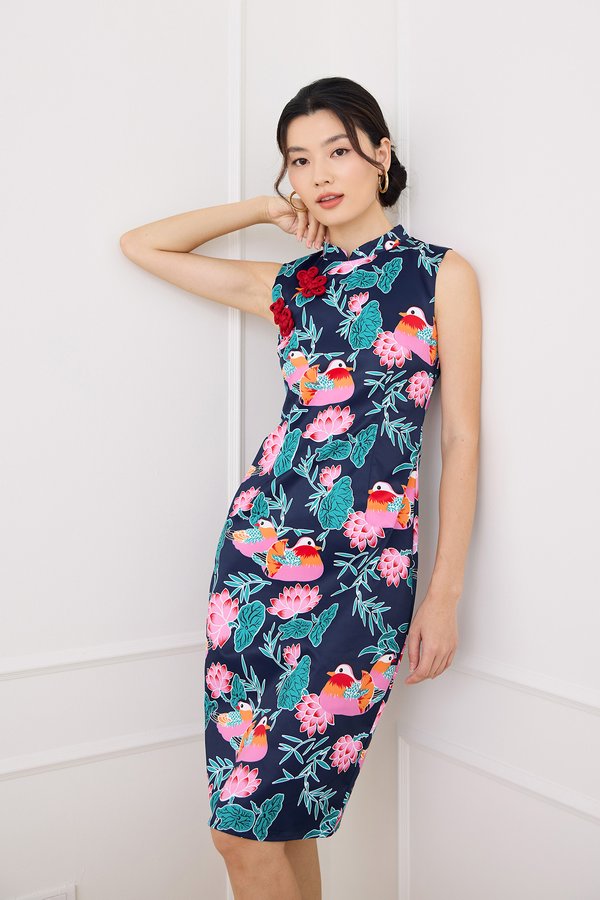 Oriental Portrait Cheongsam Dress In Blue Prints
