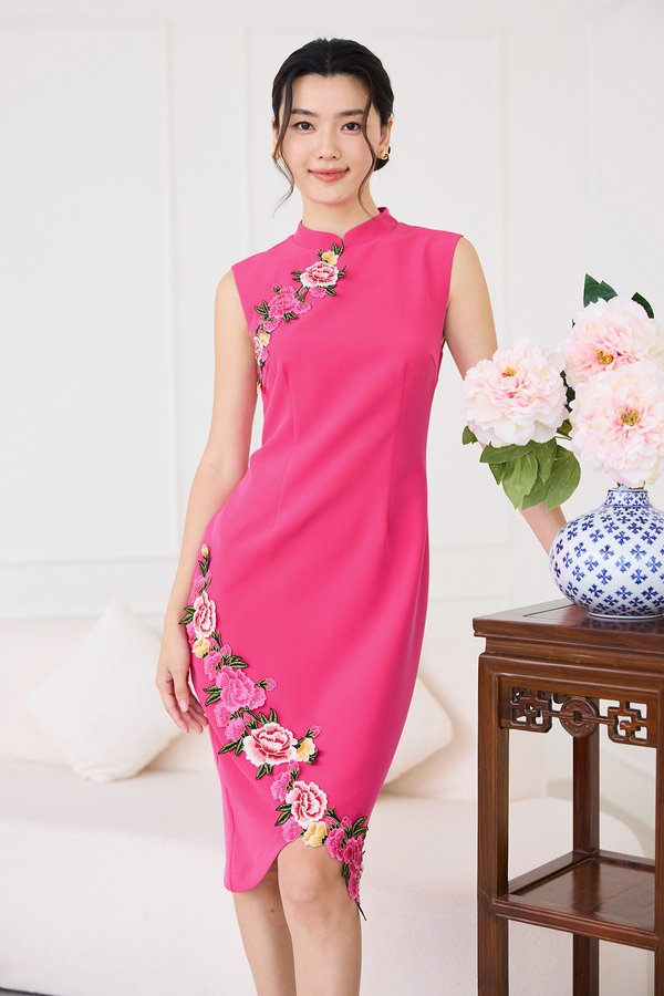 Oriental Peonies Cheongsam Dress In Magenta Pink