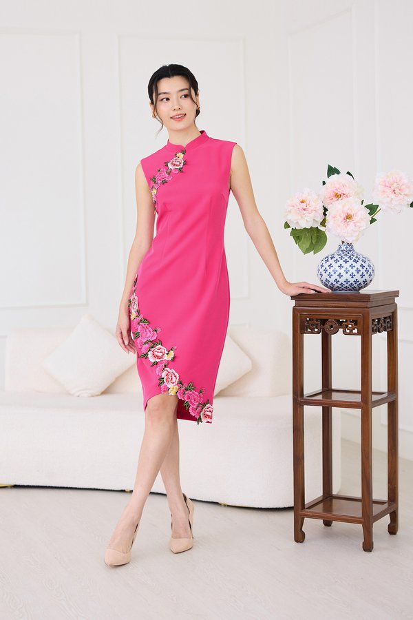 Oriental Peonies Cheongsam Dress In Magenta Pink