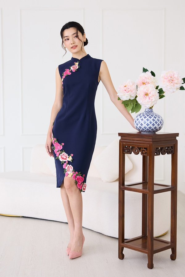 Oriental Peonies Cheongsam Dress In Navy Blue