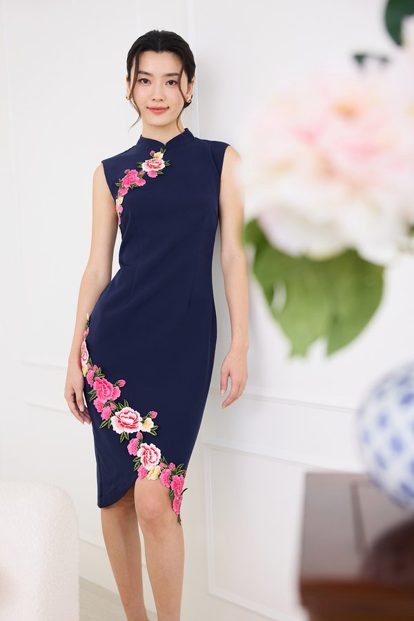 Oriental Peonies Cheongsam Dress In Navy Blue