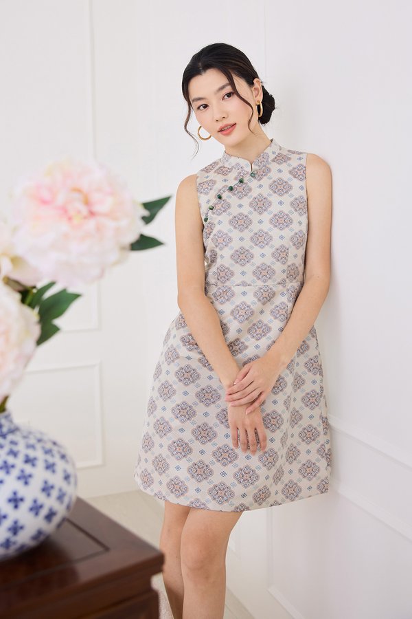 Spring Floret Cheongsam Dress In Blue Prints