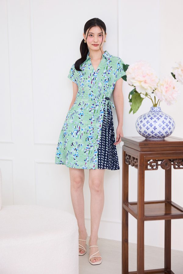 Alessia Dress In Green Blue Prints