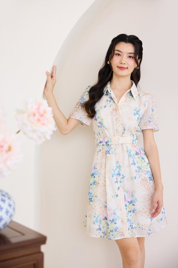 Davena Dress In Cream Blue Florals