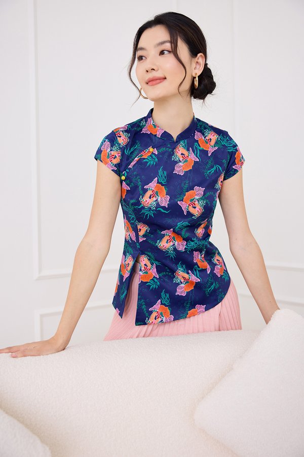 Spring Abundance Cheongsam Top In Cobalt Blue
